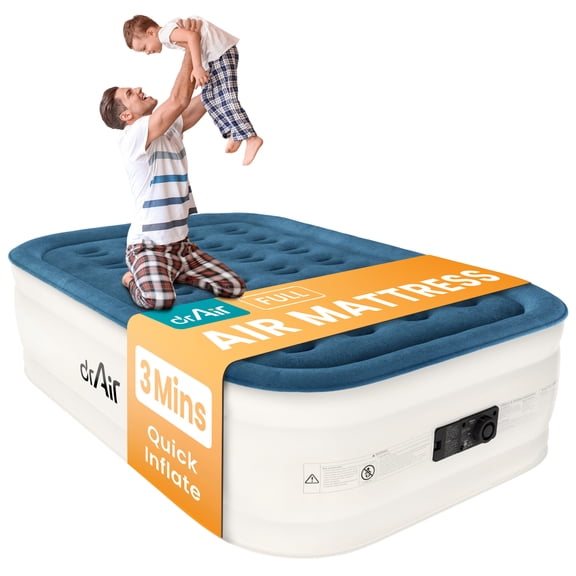 Dr. Air Full Air Mattress, 18” Raised Inflatable Bed with Built-in Pump, Waterproof Velvety Top, Ergonomic Design, Reinforced Support, and Carry Bag for Home, Camping, and Guests