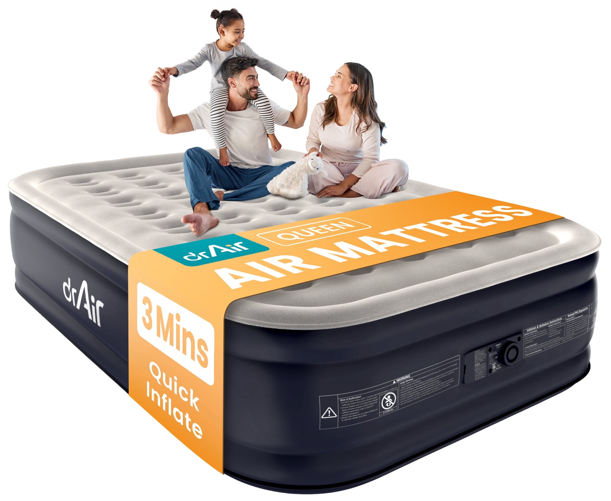 Dr. Air Queen Air Mattress, 18” Raised Inflatable Bed with Built-in Pump, Waterproof Velvety Top, Ergonomic Design, Reinforced Support, and Carry Bag for Home, Camping, and Guests