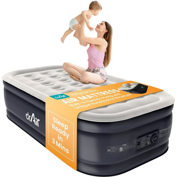 Dr. Air Twin Air Mattress, 18” Raised Inflatable Bed with Built-in Pump, Waterproof Velvety Top, Ergonomic Design, Reinforced Support, and Carry Bag for Home, Camping, and Guests