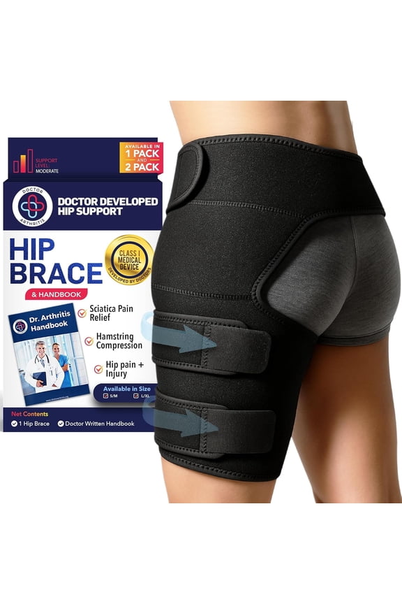 Doctor Developed Hip Support Brace Adjustable Groin & Thigh Compression Wrap for Men & Women Stabilizing Hip Brace for Sports, Workouts & Daily Mobility (Black, L/XL, Left-side))