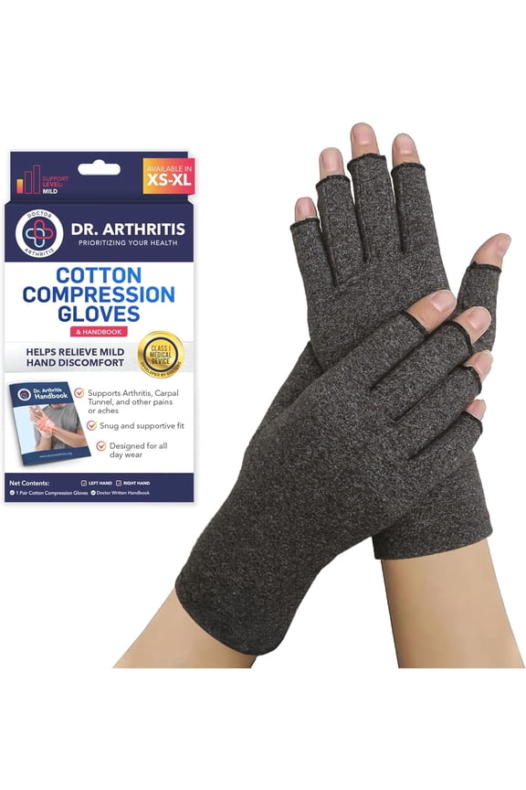 Doctor Developed Compression Gloves for Men & Women – Open-Finger Hand Support Gloves for Typing, Crafts & Everyday Comfort – Includes Doctor Handbook (Grey, Small, 1 Pair)