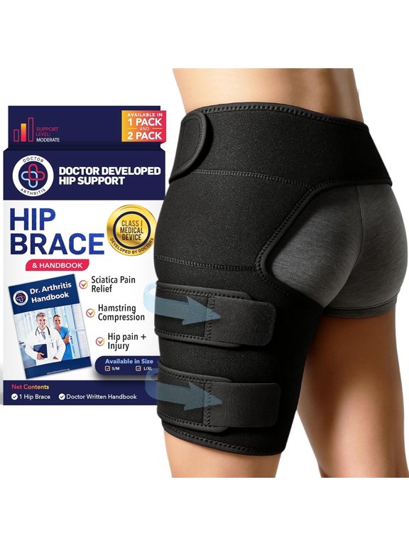 Doctor Developed Hip Support Brace Adjustable Groin & Thigh Compression Wrap for Men & Women Stabilizing Hip Brace for Sports, Workouts & Daily Mobility (Black, L/XL, Right-side))