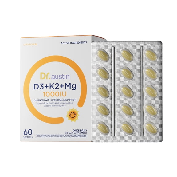 Dr. Austin Liposomal Vitamin D3 1000IU with K2 & Magnesium | Nano Targeted Delivery for High Absorption | Immune Support & Bone Health for Children & Teens | 60 Softgels