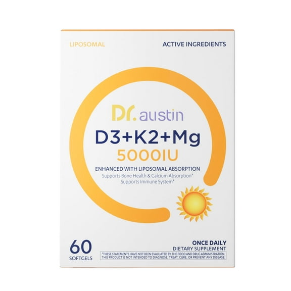 Dr. Austin Liposomal Vitamin D3 5000IU with K2 & Magnesium | Nano Targeted Delivery for High Absorption | Prenatal & Daily Immune Support | 60 Softgels (1)