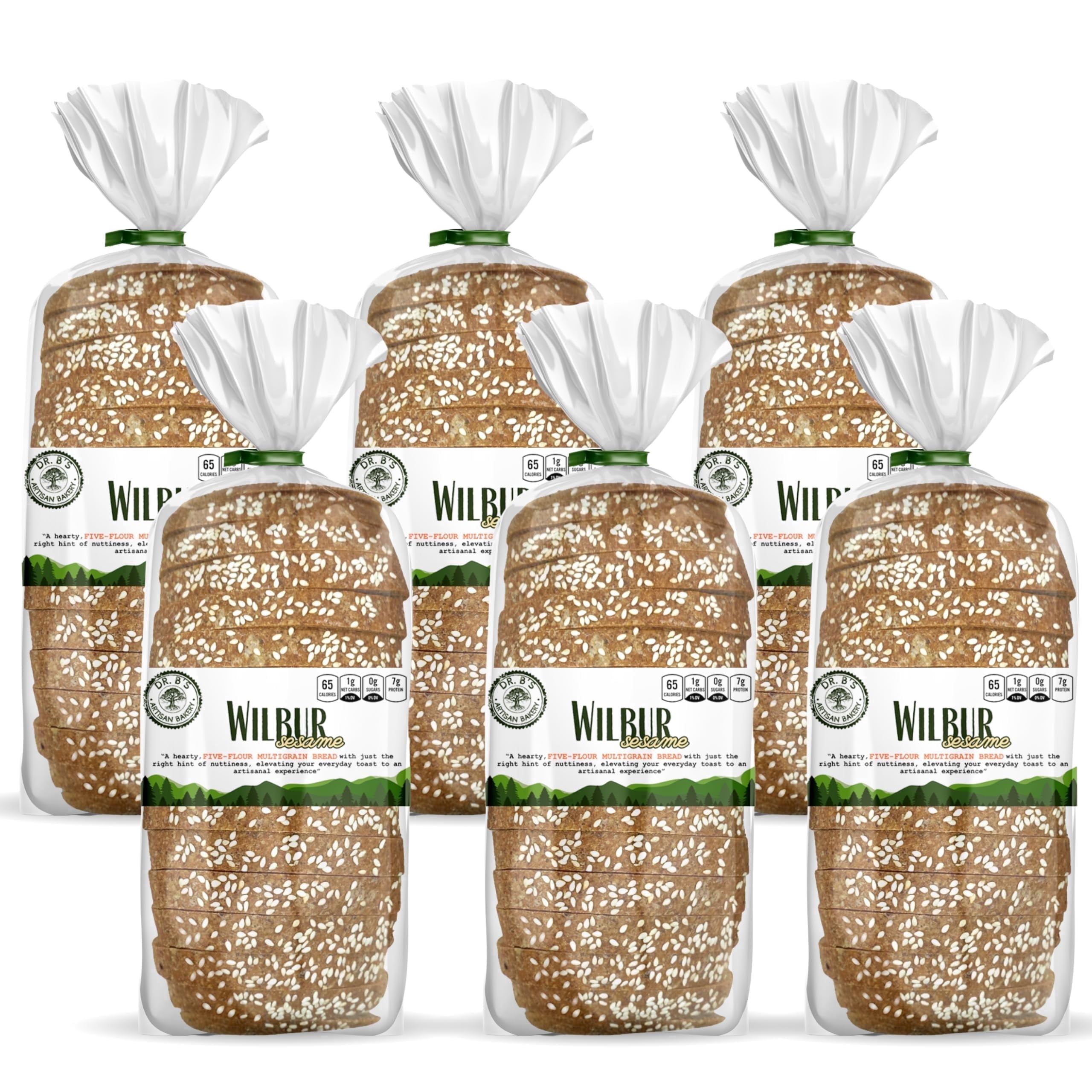 Dr. B's Wilbur Five Flour Multigrain Bread | 1g Net Carbs & 7g Protein | Low Calorie, Vegan, Sugar Free | Fresh, Sliced, Keto & Low Carb Bread Loaf (6 Pack (16 oz), Sesame)