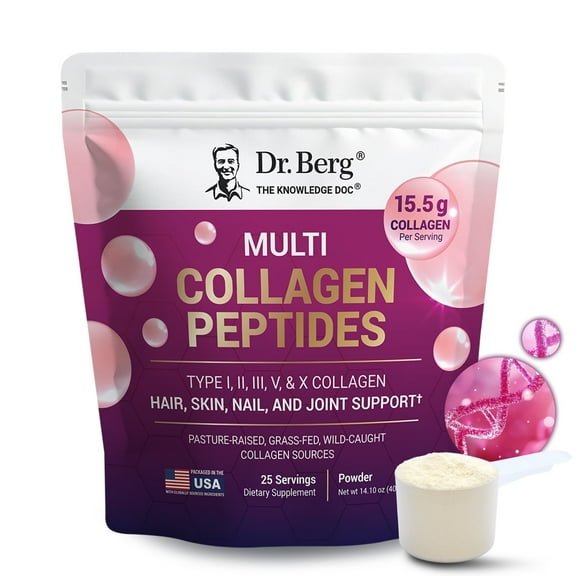 Dr. Berg Multi Collagen Peptides Powder - Types I, II, III, V, X Collagen Powder for Hair, Skin, Nails, & Joint Health, 25 Servings