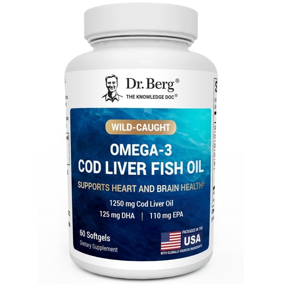 Dr. Berg Omega-3 Cod Liver Oil Softgels  1250 mg Fish Oil with EPA DHA, Natural Lemon Flavor, 60 Count