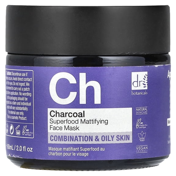 Dr. Botanicals Charcoal Superfood Mattifying Face Beauty Mask, Combination & Oily Skin, 2 fl oz (60 ml)