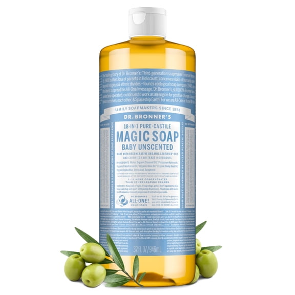 Dr.Bronner's Magic Soap, Baby Unscented, Pure-Castile Body Wash Liquid Soap, 32 fl oz