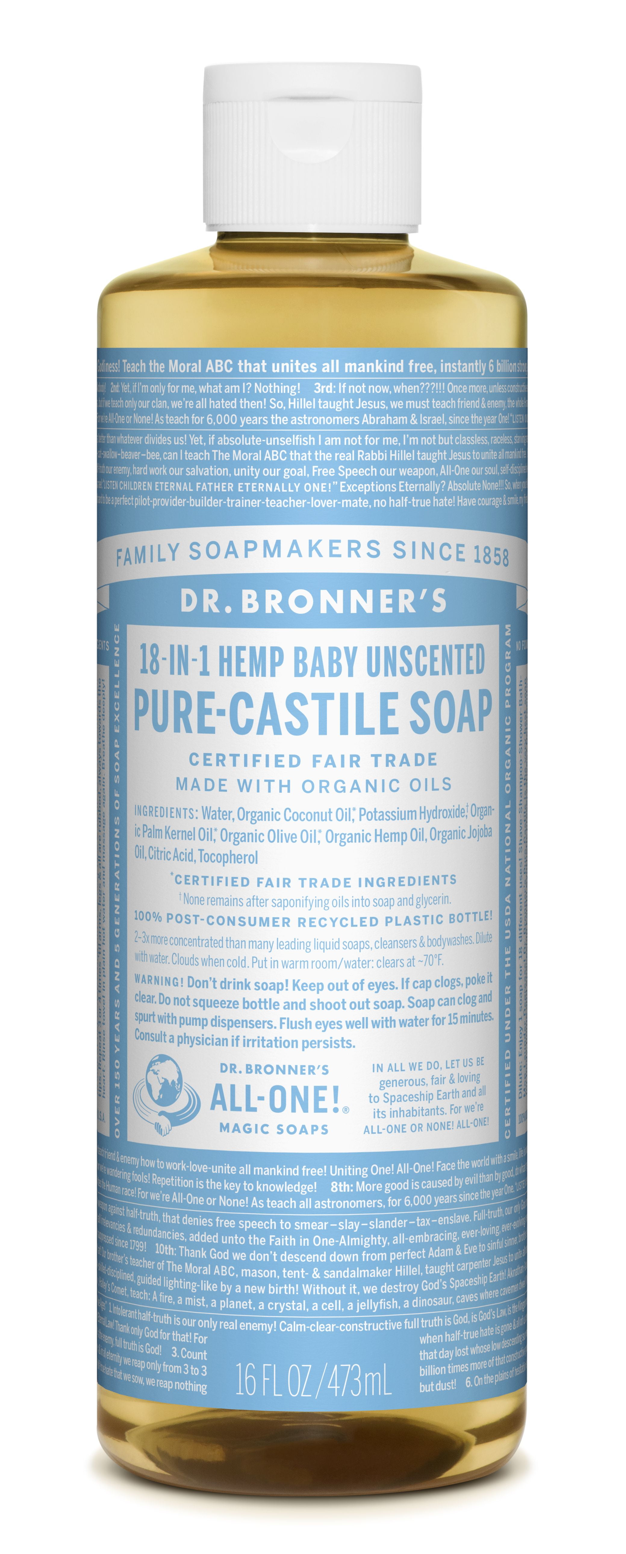 Dr. Bronner s Magic Soap Castile Liquid Baby Unscented 16 oz 18 in 1 Uses Adults Teens Children Walmart