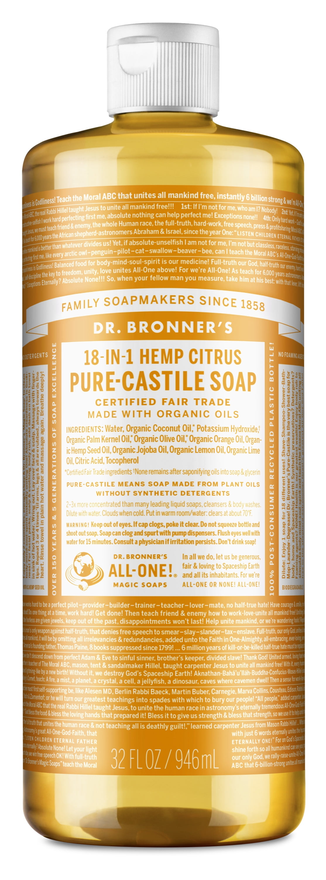 Dr. Bronner's Magic Soap - Castile Liquid - Citrus - 32 oz - 18-in-1 uses - Adults, Teens, Children