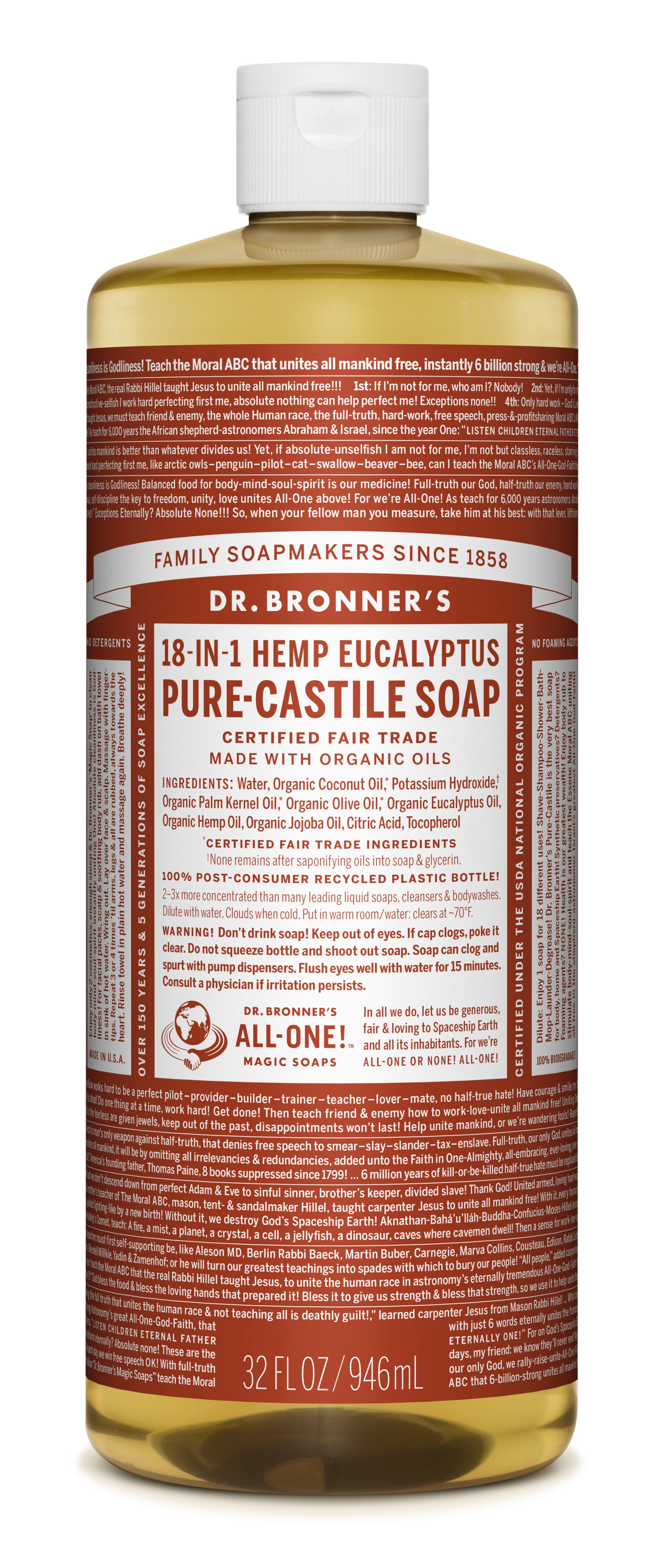 Dr. Bronner's Magic Soap - Castile Liquid - Eucalyptus - 32 oz - 18-in-1 uses - Adults and Teens