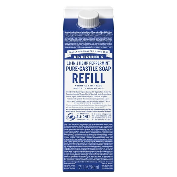 Dr. Bronner's Magic Soap - Castile Liquid Refill Carton - Peppermint - 32 oz - 18-in-1 uses - Adults, Teens, Children 3 and Above