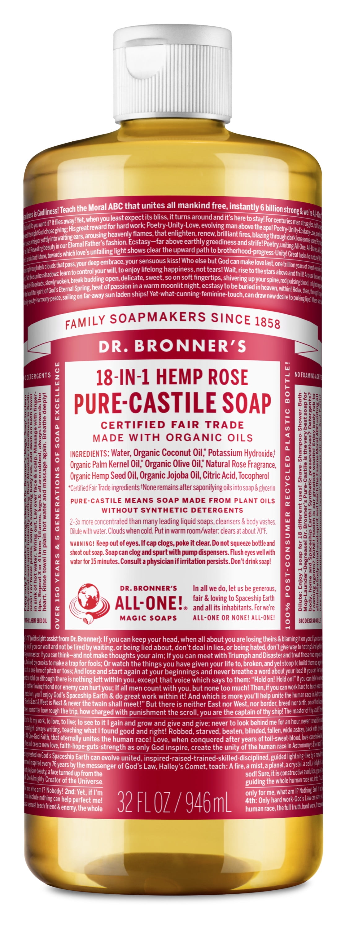 Dr. Bronner's Magic Soap - Castile Liquid Soap - Rose - 32 oz - Face & Body Wash - All Ages & Skin Types - Adults, kids and children