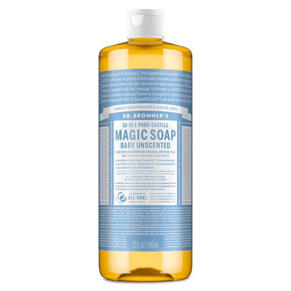 Dr. Bronner's Magic Soap - Castile Liquid Soap - 32 oz - Body Wash, Face Wash - Unscented - Age Group: Baby & All Ages