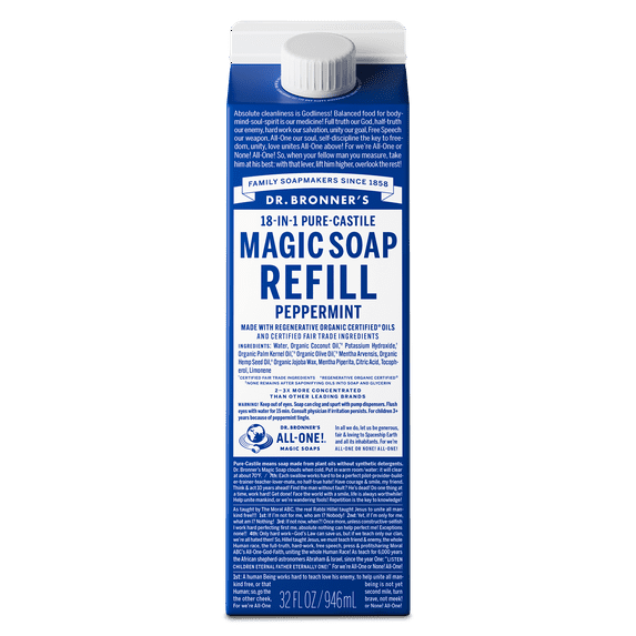 Dr. Bronner's Magic Soap - Peppermint - Pure-Castile Liquid Refill Carton - 32 oz – for face, body wash, hands