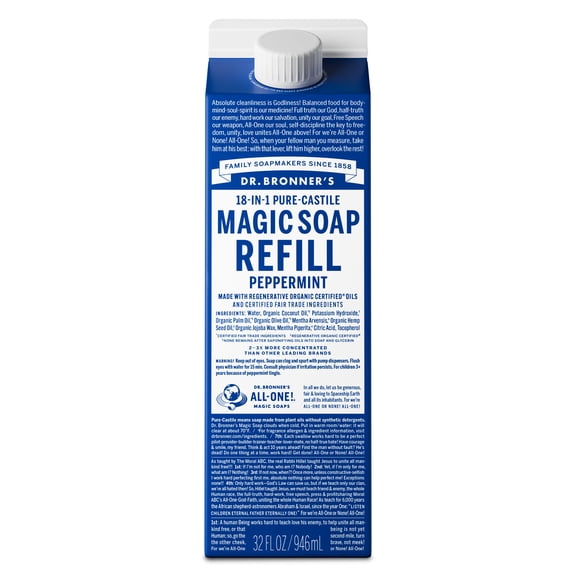 Dr. Bronner's Magic Soap Refill - Peppermint - Pure-Castile Liquid Soap Carton - 32 fl oz – for Face, Body Wash, Hands