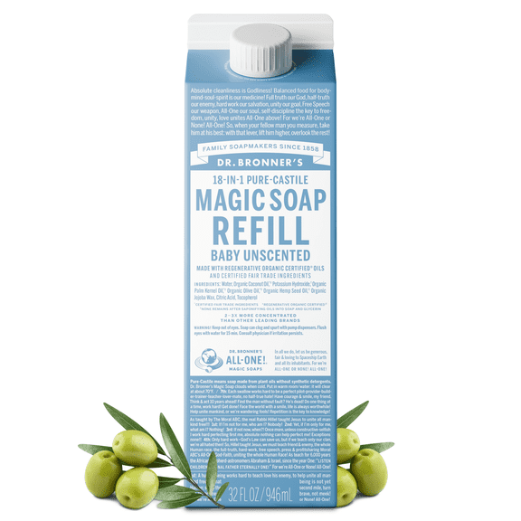 Dr.Bronner's Magic Soap Refill, Baby Unscented, Pure-Castile Body Wash Liquid Soap, 32 fl oz