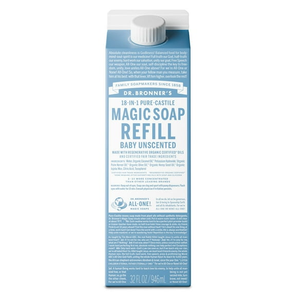 Dr. Bronner's Magic Soap Refill - Baby Unscented - Pure-Castile Liquid Soap Carton - 32 oz  for face, body wash, hands