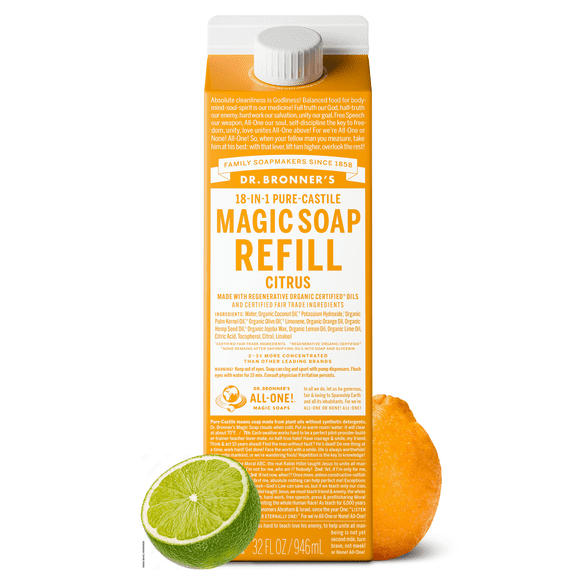 Dr.Bronner's Magic Soap Refill, Citrus, Pure-Castile Body Wash Liquid Soap, 32 fl oz