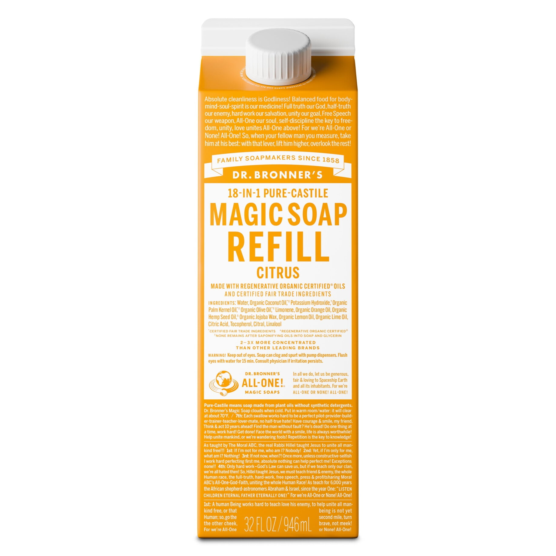 Dr. Bronner's Magic Soap Refill - Citrus - Pure-Castile Liquid Soap Carton - 32 oz  for face, body wash, hands