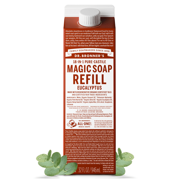 Dr.Bronner's Magic Soap Refill, Eucalyptus, Pure-Castile Body Wash Liquid Soap, 32 fl oz