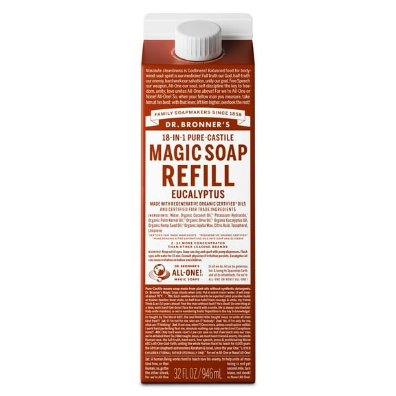 Dr. Bronner's Magic Soap Refill - Eucalyptus - Pure-Castile Liquid Soap Carton - 32 oz  for face, body wash, hands