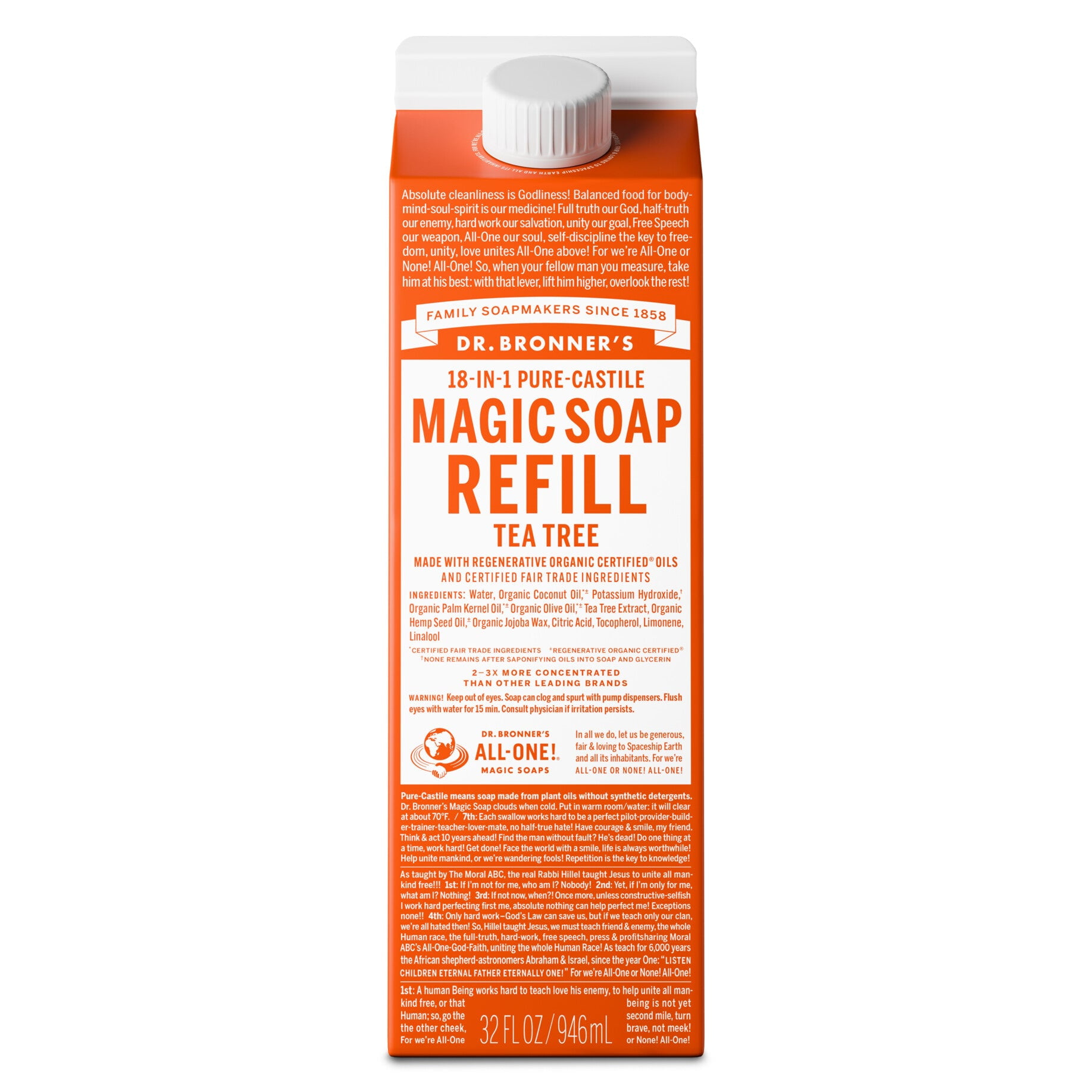 Dr. Bronner's Magic Soap Refill - Tea Tree - Pure-Castile Liquid Soap Carton - 32 oz  for face, body wash, hands