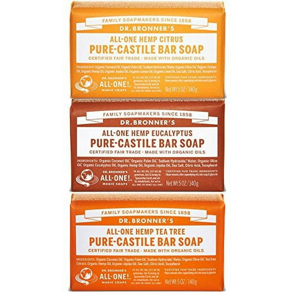 Dr. Bronner's Magic Soaps Pure-Castile Soap, Variety Pack, 5-Ounce Bars (Pack of 3) (Citrus - Eucalyptus - Tea Tree)