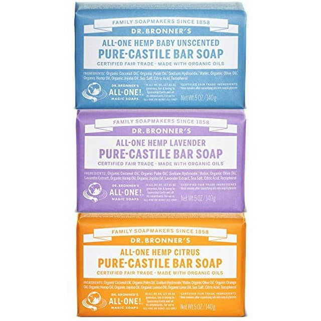 Dr. Bronner's Magic Soaps Pure-Castile Soap, Variety Pack, 5-Ounce Bars (Pack of 3) (Unscented - Lavender - Citrus)
