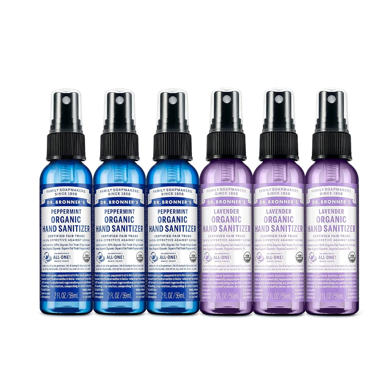 Dr. Bronner's Organic Hand Sanitizer Spray Variety Pack (Lavender & Peppermint, 2 oz, 6Pack