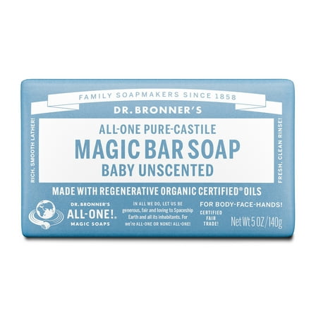 Dr. Bronner's Magic Bar Soap – Baby Unscented - Pure-Castile Soap - 5 oz - for face, body, hands