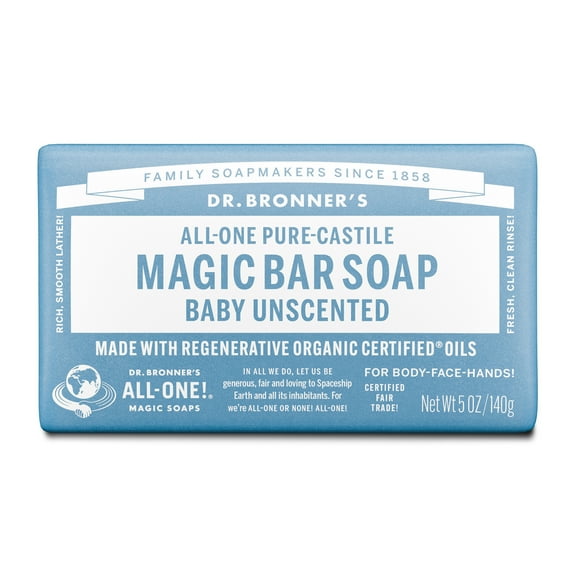 Dr. Bronner's Magic Bar Soap – Baby Unscented - Pure-Castile Soap - 5 oz - for face, body, hands