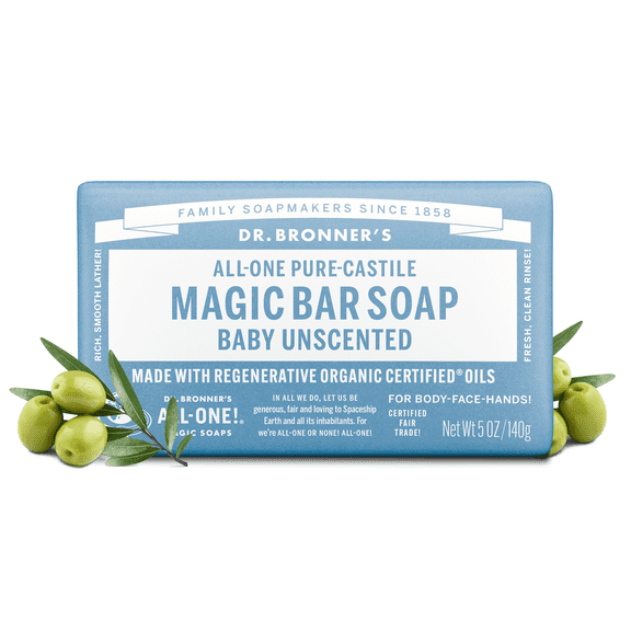 Dr.Bronner's Magic Bar Soap, Baby Unscented, Pure-Castile Soap, 5 oz