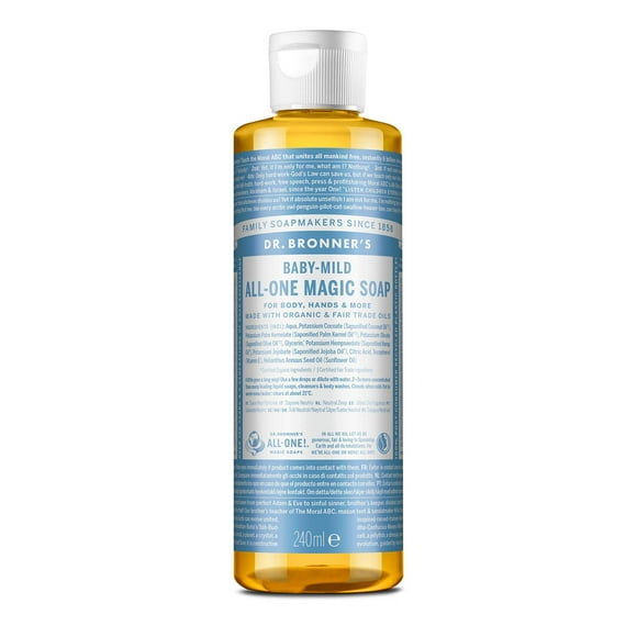 Dr. Bronner's - Pure-Castile Liquid Soap (Baby Unscented, 8 Ounce) - Made with Organic Oils, 18-in-1 Uses: Face, Hair, Laundry, Dishes, For Sensitive Skin, Babies, No Added Fragrance, Vegan, Non-GMO