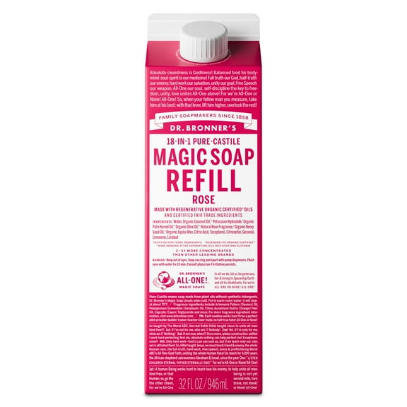 Dr. Bronner's Magic Soap Refill - Rose - Pure-Castile Liquid Soap Carton - 32 oz  for face, body wash, hands