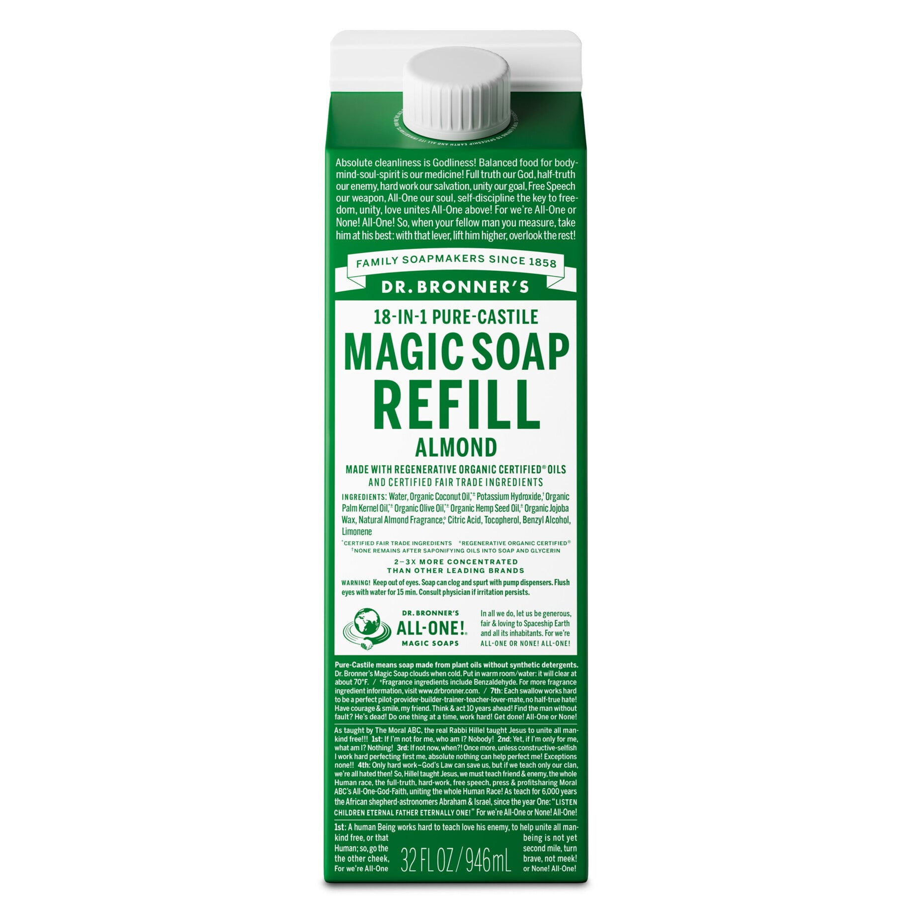 Dr. Bronner's Magic Soap Refill - Almond - Pure-Castile Liquid Soap Carton - 32 oz for face, body wash, hands