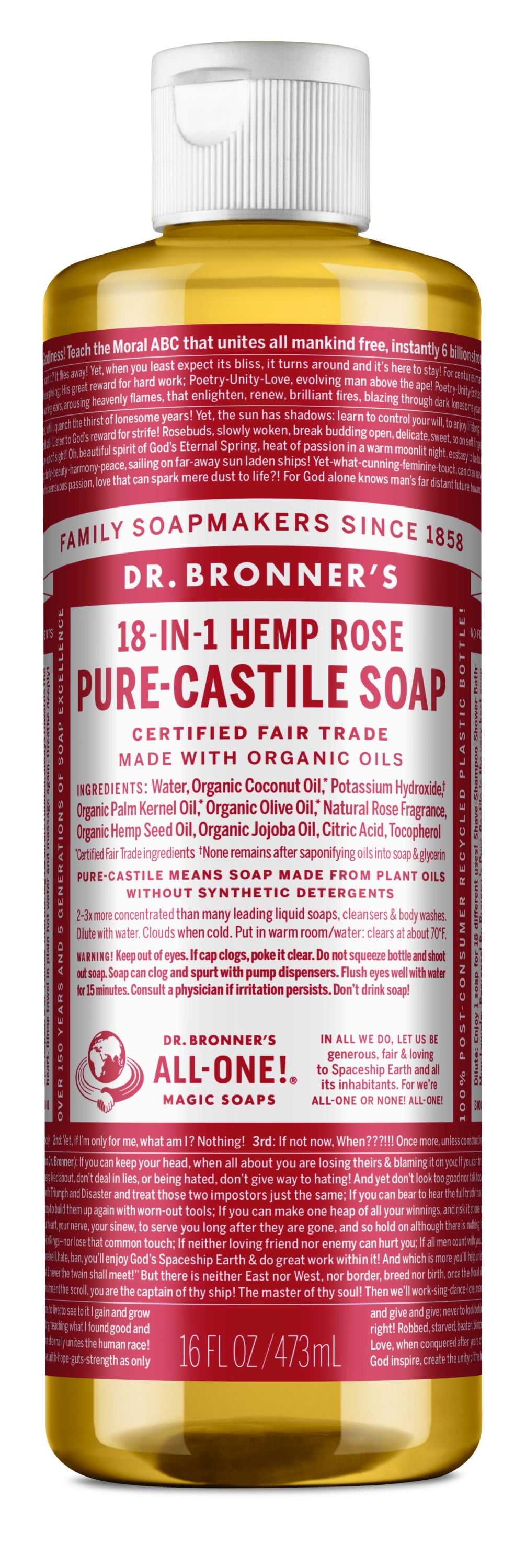 Dr. Bronner's Rose PureCastile Liquid Soap 16 oz, Organic, Recycled