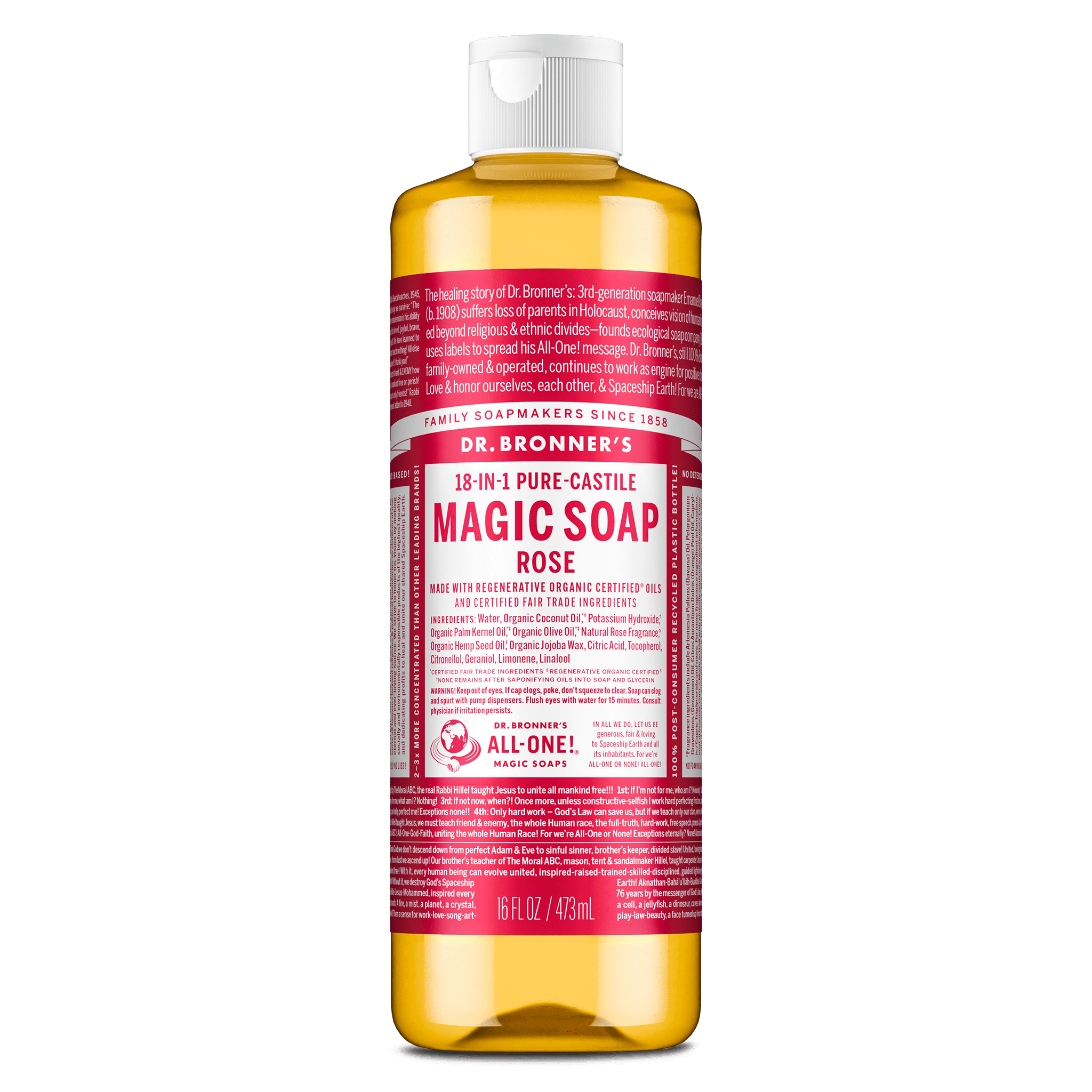 Dr. Bronner's Magic Soap - Rose - Pure-Castile Liquid Soap - 16 oz - for face, body wash, hands