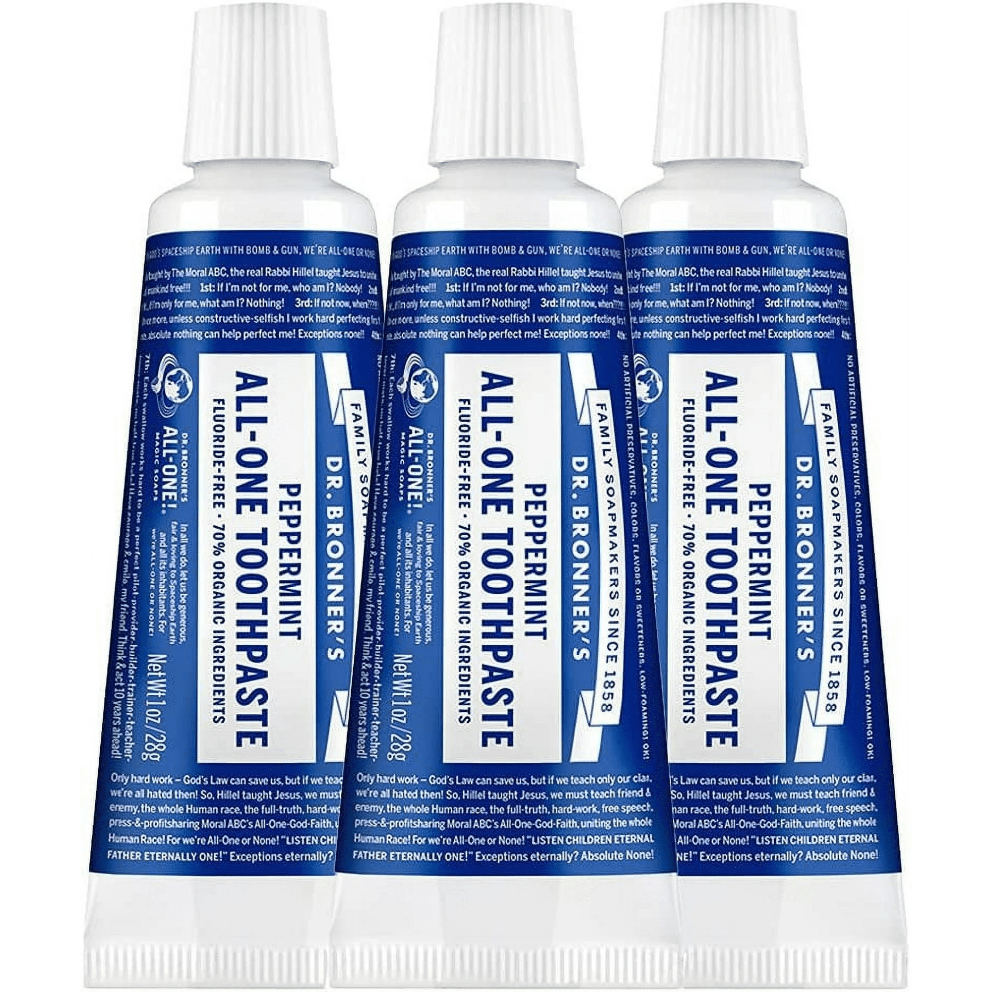 Dr. Bronners - All-One Toothpaste Peppermint, 1 Ounce, 3-Pack - 70% Organic Ingredients, Natural and Effective, Fluoride-Free, SLS-Free, Helps Freshen Breath, Reduce Plaque, Whiten Teeth, Vegan