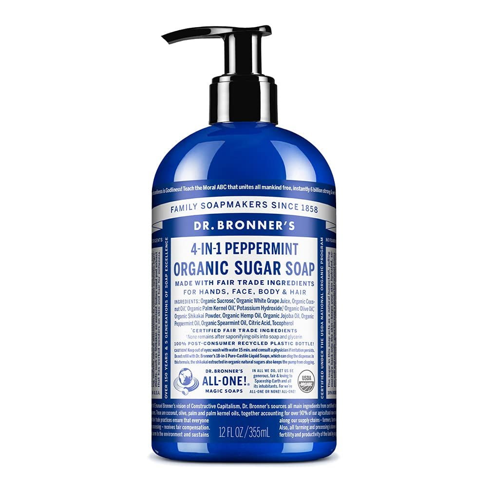 Dr. Bronner's Dr. Bronners - Organic Sugar Soap Peppermint, 12 oz - Made with Organic Oils, Sugar & Shikakai Powder, 4-in-1 Uses: Hands, Body, Face & Hair, Cleanses, Moisturizes & Nourishes, Vegan, Non-GMO