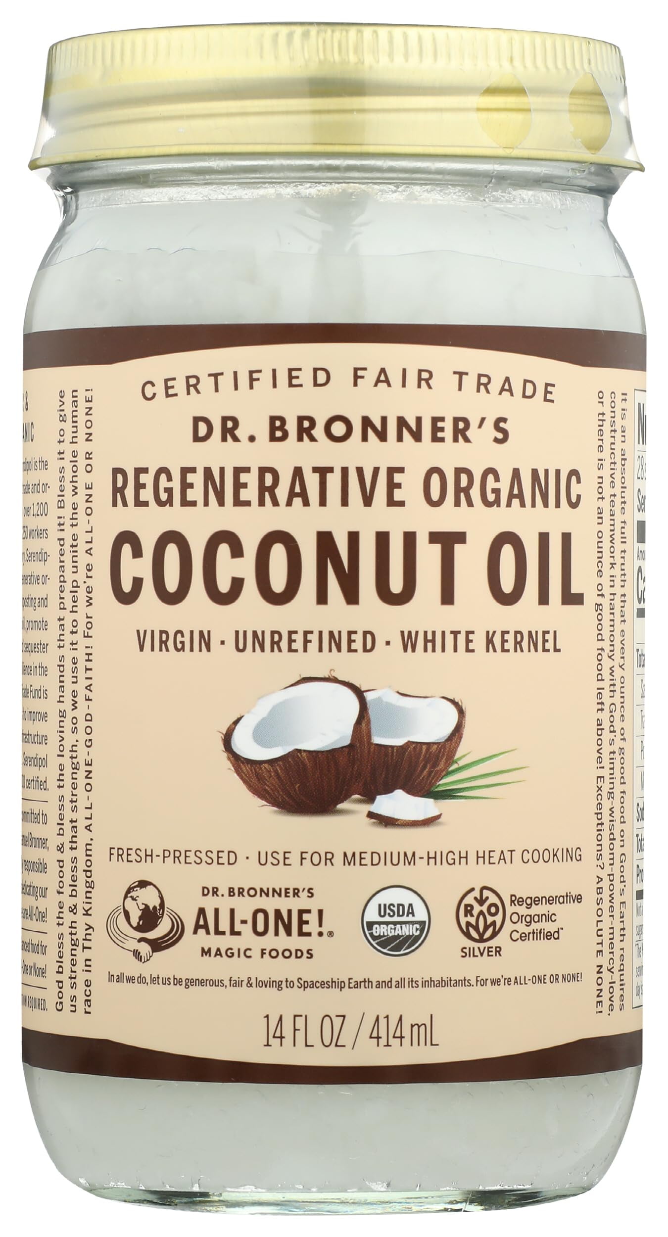 Dr. Bronners Organic White Kernel Virgin Coconut Oil, 14 Fz