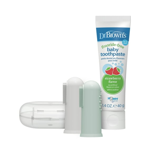 Dr. Brown's 100% Silicone Baby Finger Toothbrush, Gray/Green + Strawberry Baby Toothpaste, 0-3Y
