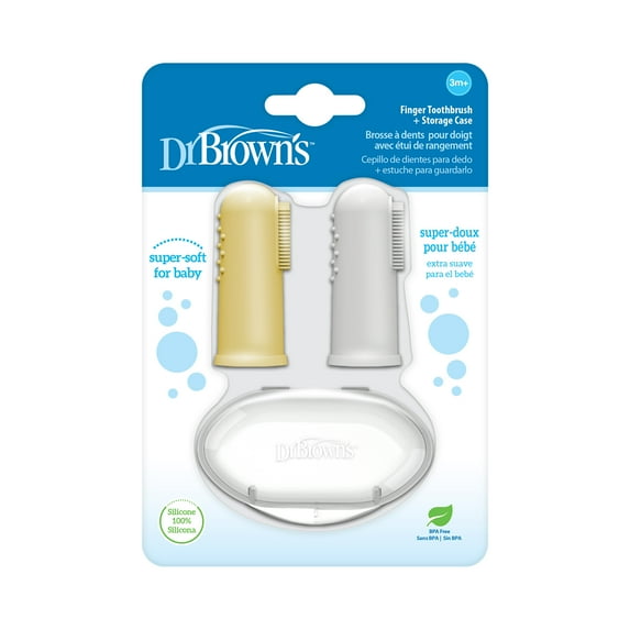 Dr. Brown's 100% Silicone Baby Finger Toothbrush + Storage Case, Gray/Yellow, 3m+, 2 Pack