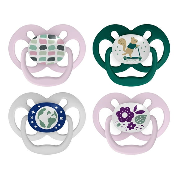 Dr. Brown's Advantage Baby Pacifier, Fully Symmetrical, Silicone Bulb, 6-18m, BPA Free, Squirrel/Glow, 4 Pack