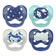 Dr. Brown’s Advantage Glow-in-the-Dark Pacifier, 100% Silicone Baby Paci Symmetrical Soother, 0-6m, BPA free, Blue, 4 Pack