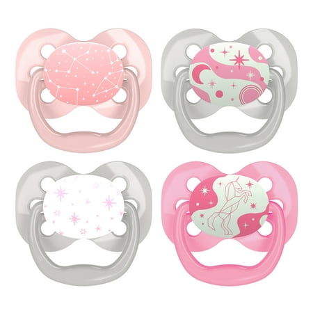 Dr. Brown’s Advantage Glow-in-the-Dark Pacifier, 100% Silicone Baby Paci Symmetrical Soother, 0-6m, BPA free, Pink, 4 Pack