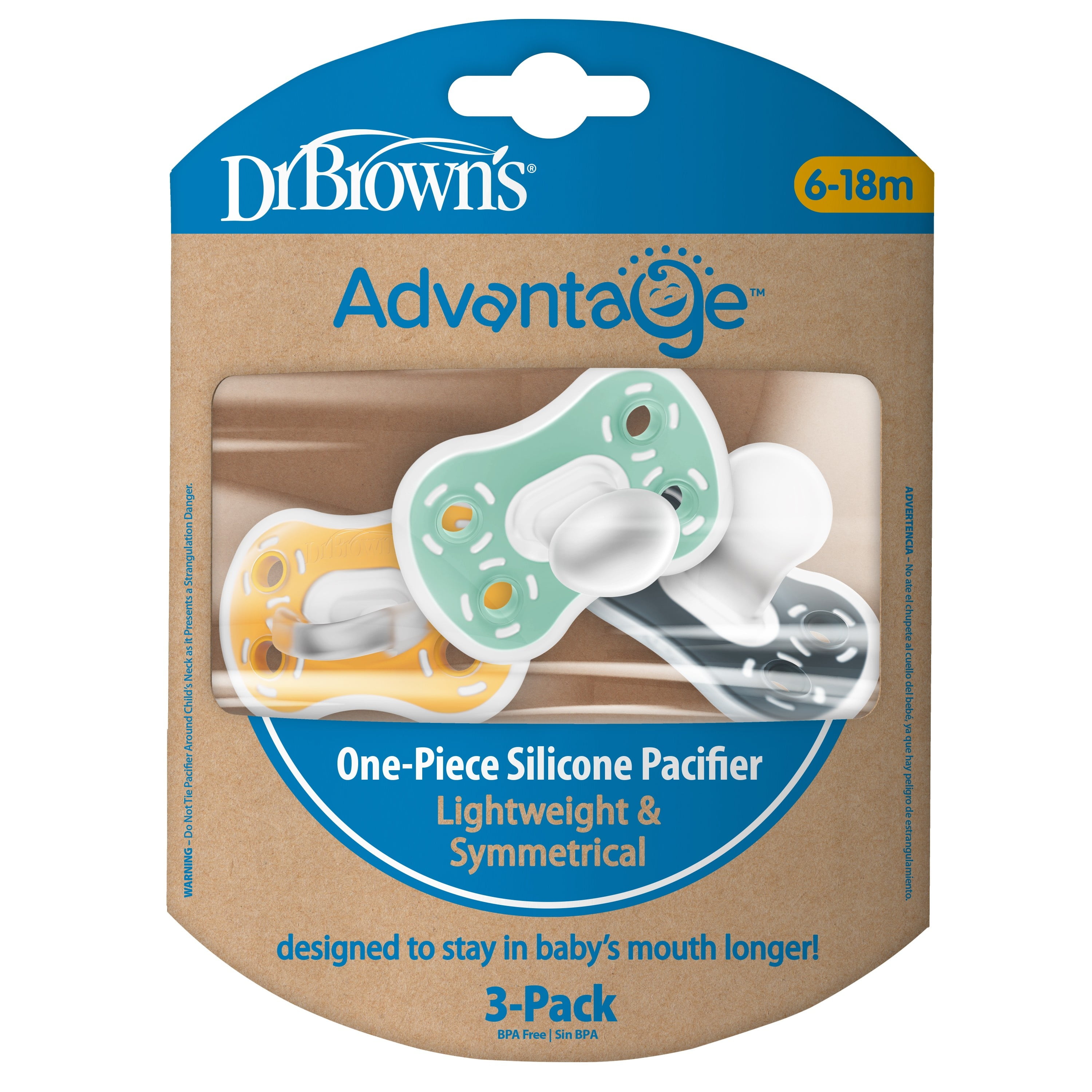Dr. Brown's Advantage One-Piece Silicone Baby Pacifier, Fully Symmetrical, Neutral, 6-18M, 3 Pack