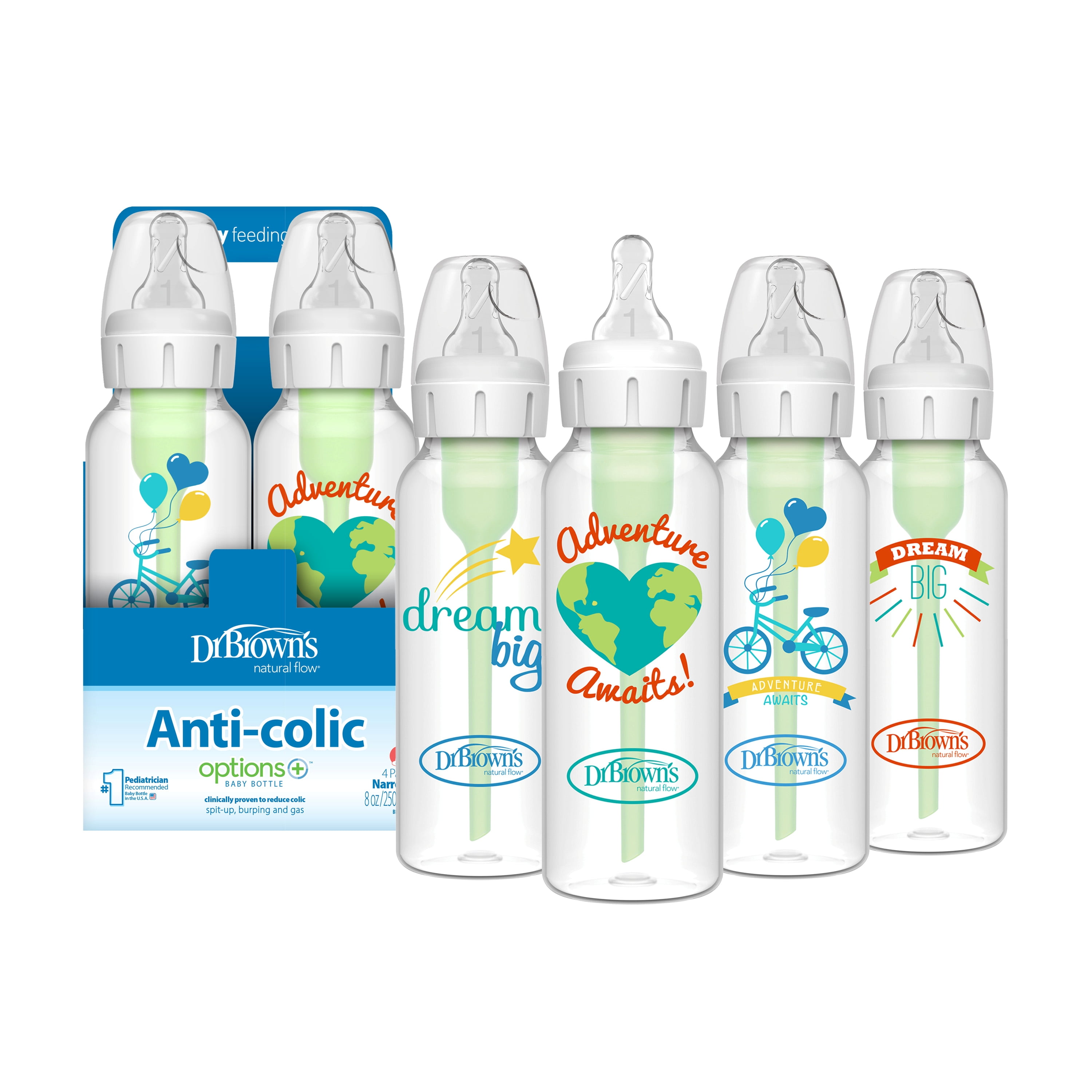 Dr. Brown's Anti-Colic Options+ Narrow Baby Bottle, Dream Adventure, 8oz, 0m+, 4 Pack
