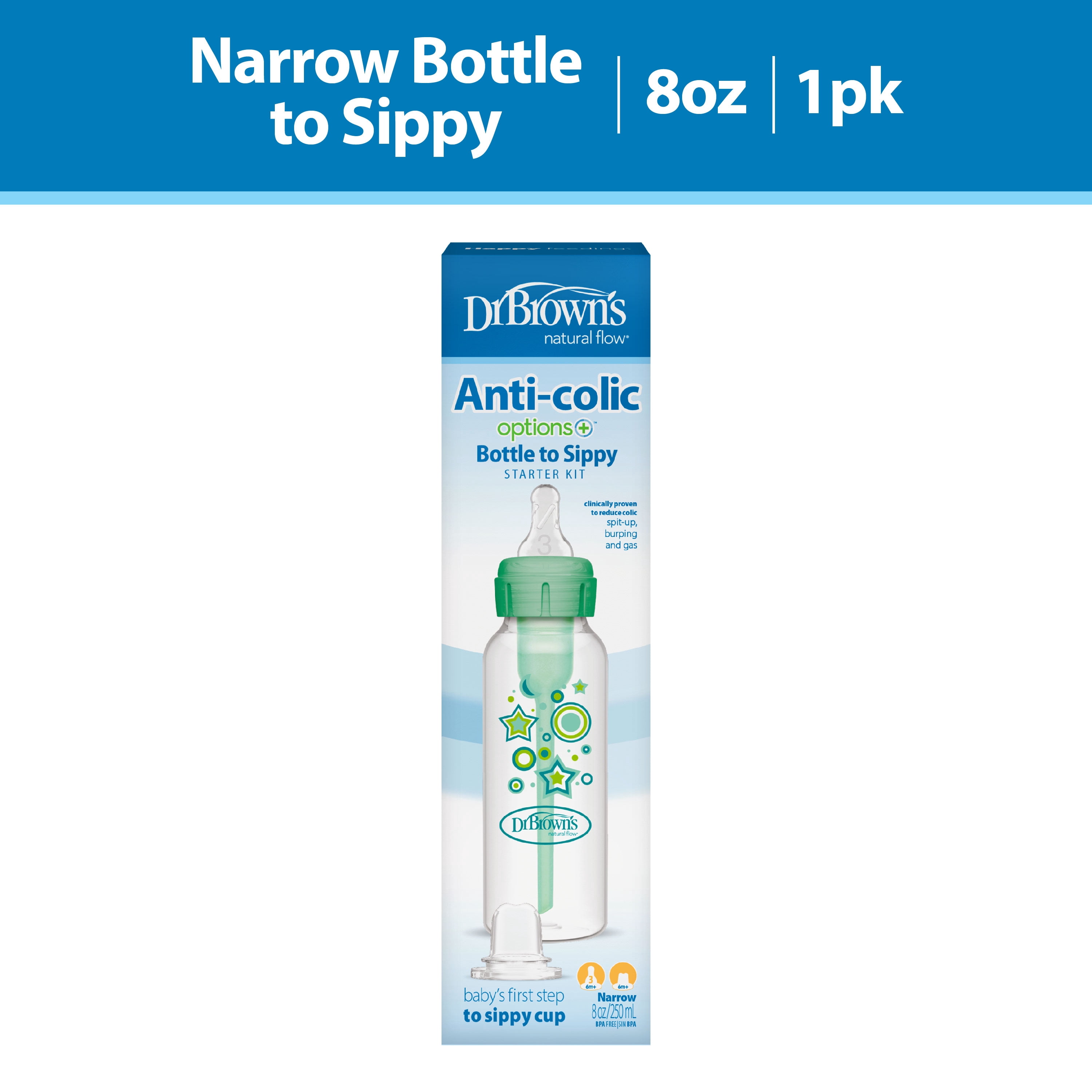 Dr. Brown's Anti-Colic Options+ Narrow Sippy Bottle Starter Kit, 8oz/250ml, Green, BPA Free, 6m+